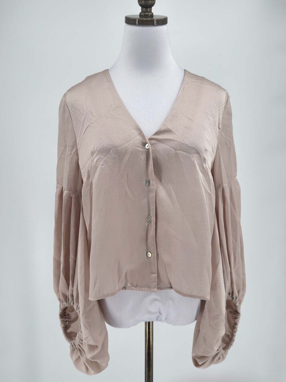 Sunday in Brooklyn Anthropologie Beige Satin V Neck Puff Sleeve Blouse NEW
